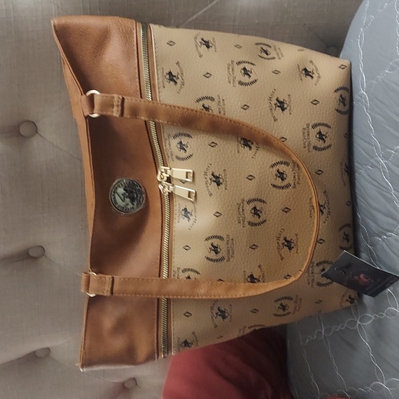 Beverly Hills Polo Club Tan Signature Monogram Faux Leather Tote Bag - Picture 2 of 14